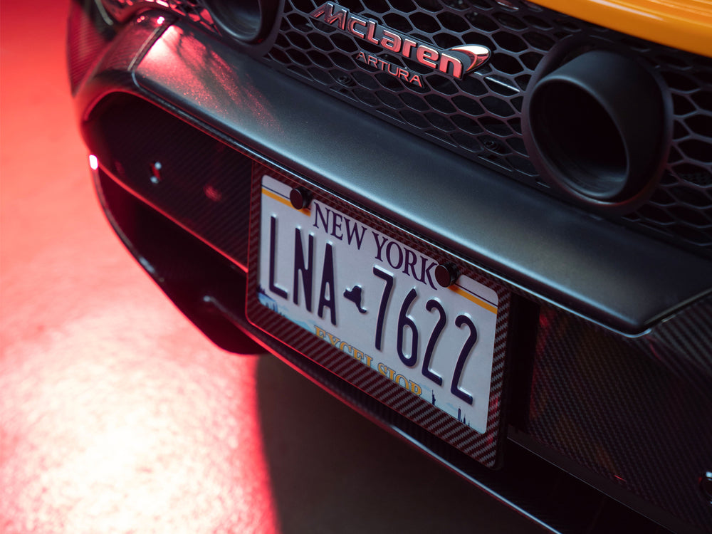 Carbon fiber license plate frame on McLaren Artura