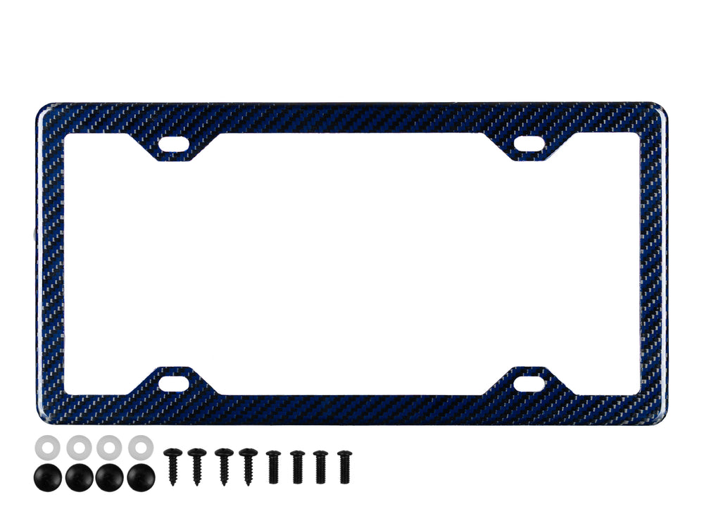 Carbon fiber license plate frame with blue aramid fiber weave pattern shown with included mounting hardware