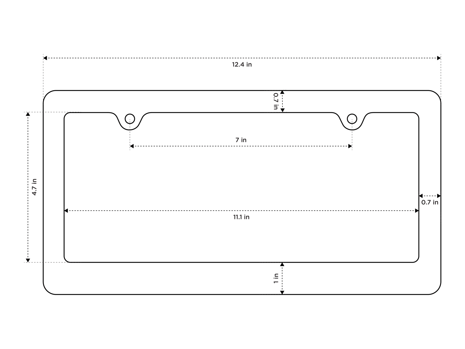 Technical diagram showing precise measurements of 2-hole frame design with 1-inch bottom and 0.7-inch side borders