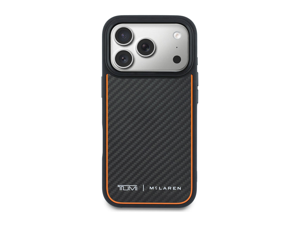 TUMI x McLaren case for iPhone 18 Pro, back view of the matte carbon fiber panel with papaya trim and the TUMI x McLaren mark
