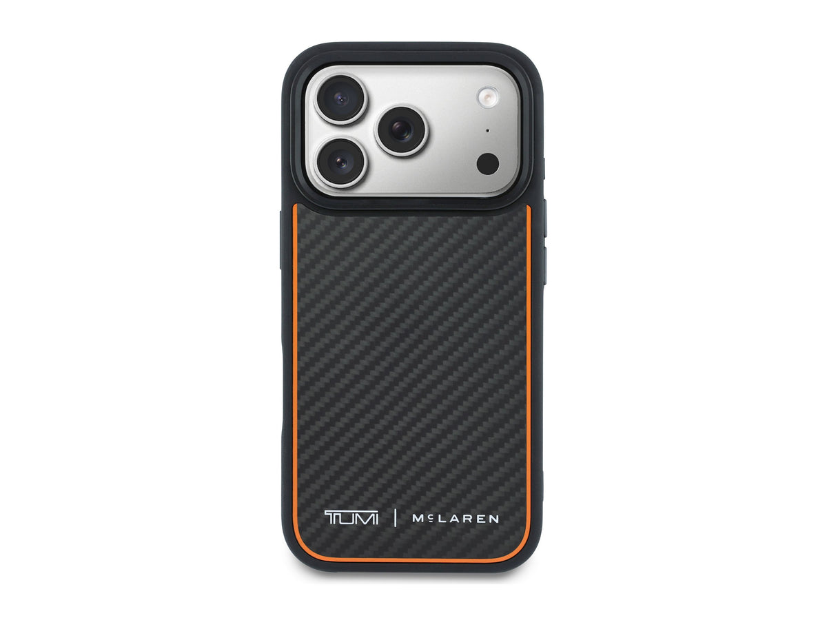 TUMI x McLaren case for iPhone 18 Pro, back view of the matte carbon fiber panel with papaya trim and the TUMI x McLaren mark