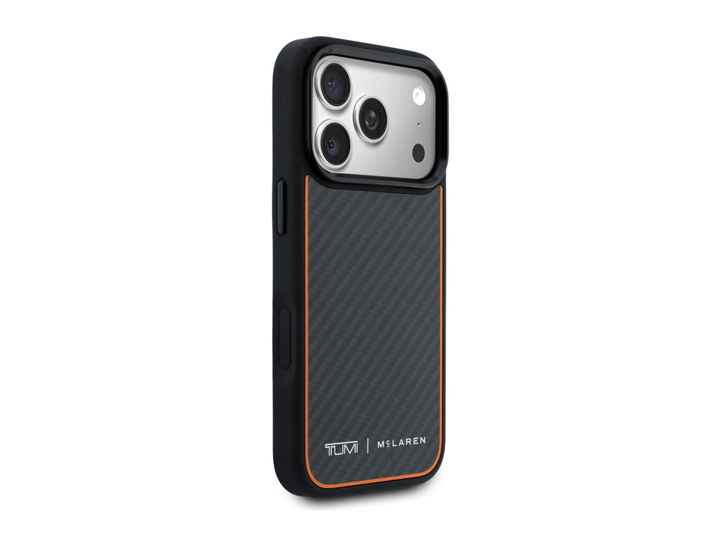 TUMI x McLaren iPhone 18 Pro case at an angle, showing the black antishock bumper, metal buttons and camera ring