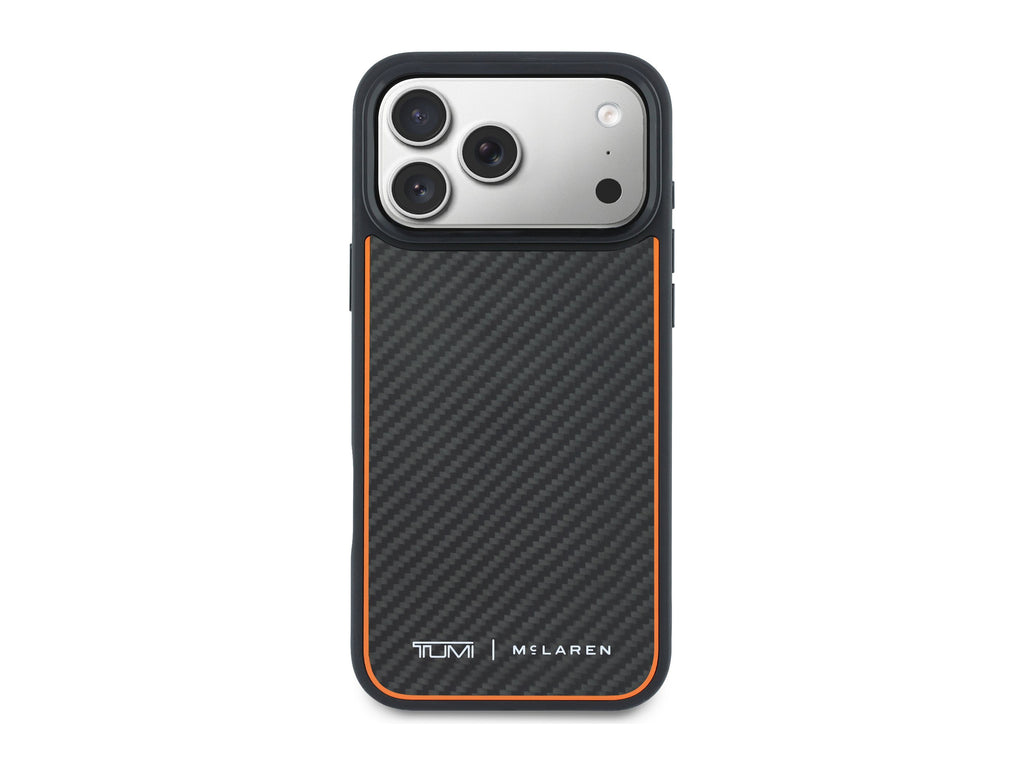 TUMI x McLaren case for iPhone 18 Pro Max, back view of the matte carbon fiber panel with papaya trim and the TUMI x McLaren mark