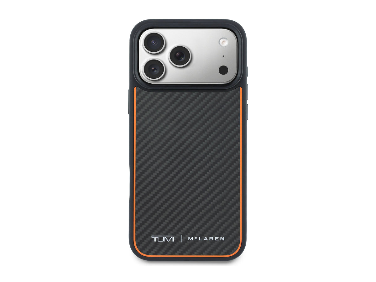 TUMI x McLaren case for iPhone 18 Pro Max, back view of the matte carbon fiber panel with papaya trim and the TUMI x McLaren mark