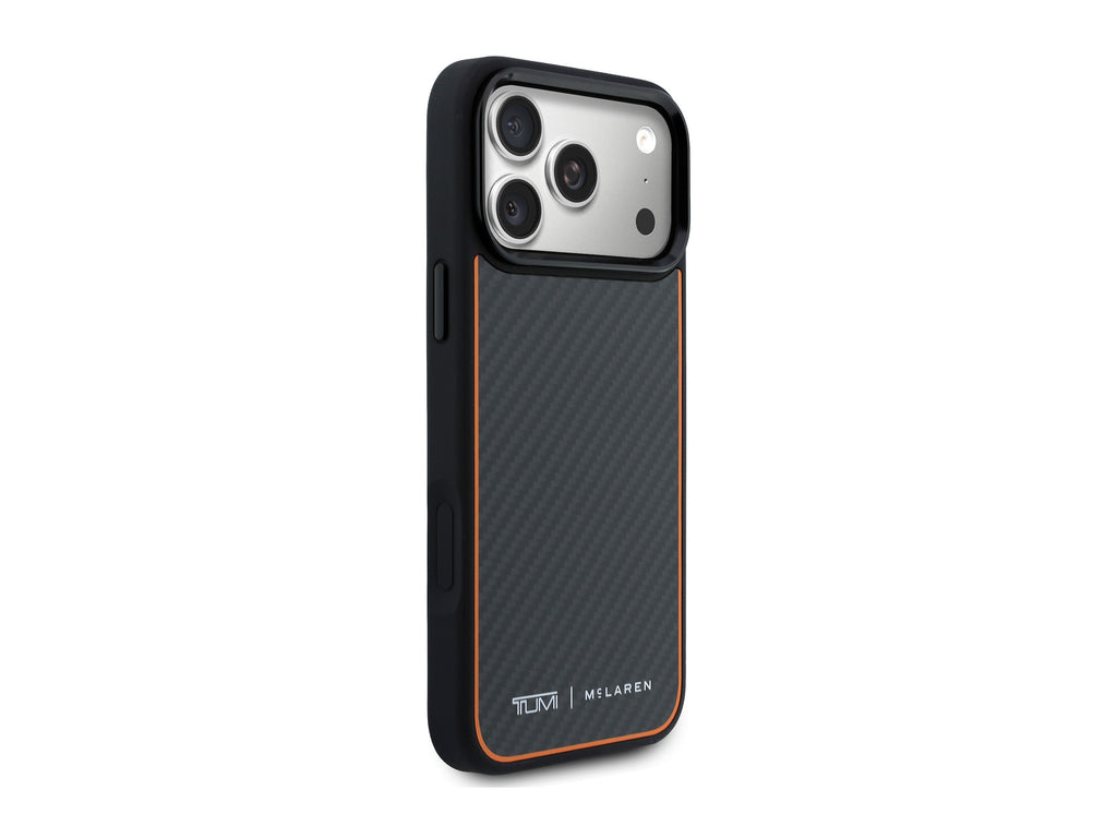 TUMI x McLaren iPhone 18 Pro Max case at an angle, showing the black antishock bumper, metal buttons and camera ring