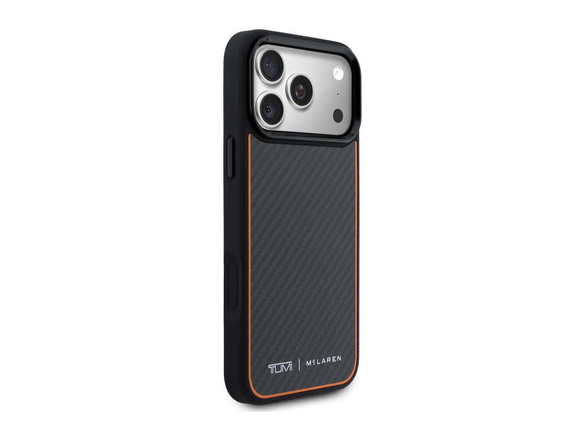 TUMI x McLaren iPhone 18 Pro Max case at an angle, showing the black antishock bumper, metal buttons and camera ring