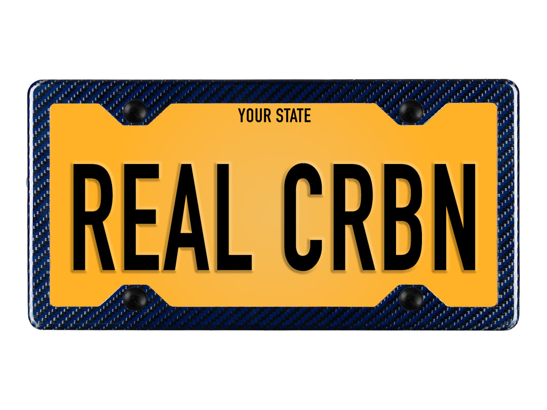 Carbon fiber license plate frame with blue aramid fiber weave pattern shown with sample yellow 'REAL CRBN' license plate installed