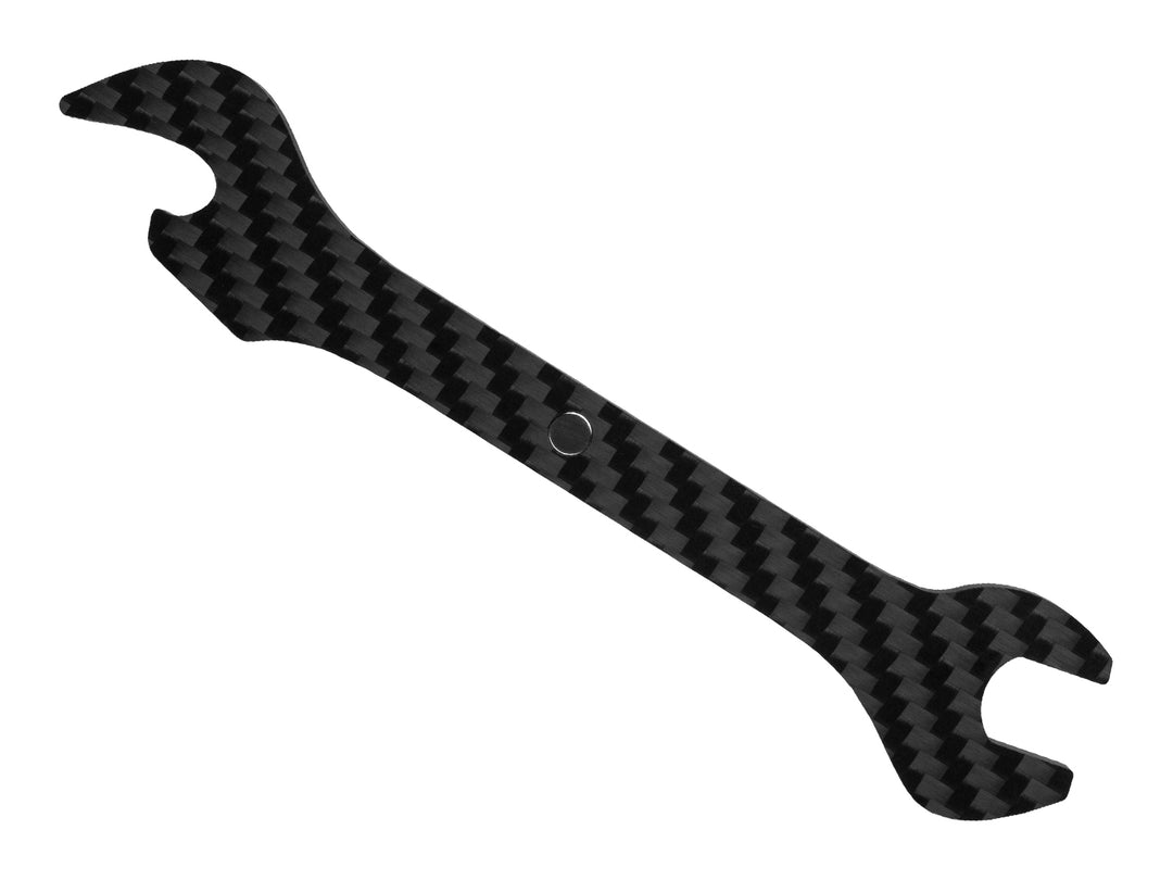 Back view of the carbon fiber wrench bottle opener with its unique double-ended design and twill weave pattern.