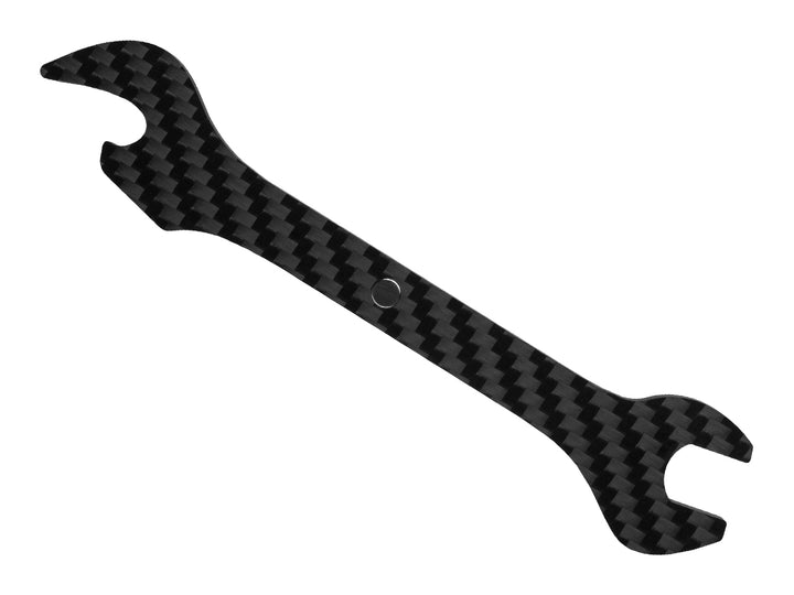 Back view of the carbon fiber wrench bottle opener with its unique double-ended design and twill weave pattern.