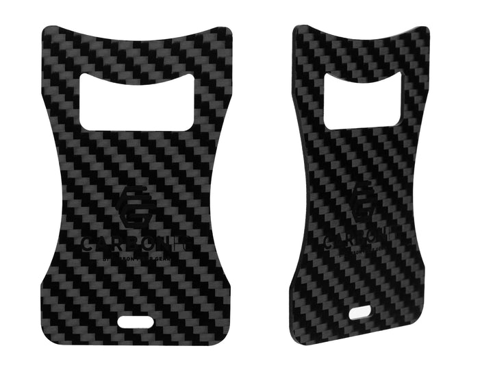 Front and side views of the sleek CarbonFG Carbon Fiber Bottle Opener, featuring a twill weave pattern and a slim profile for easy wallet storage.