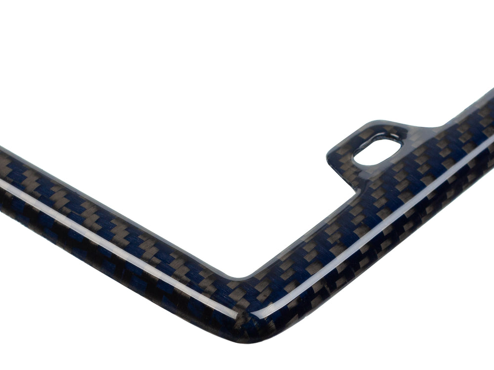 Carbon Fiber / Blue Aramid Fiber License Plate Frame - 4 Holes Minimal, up close