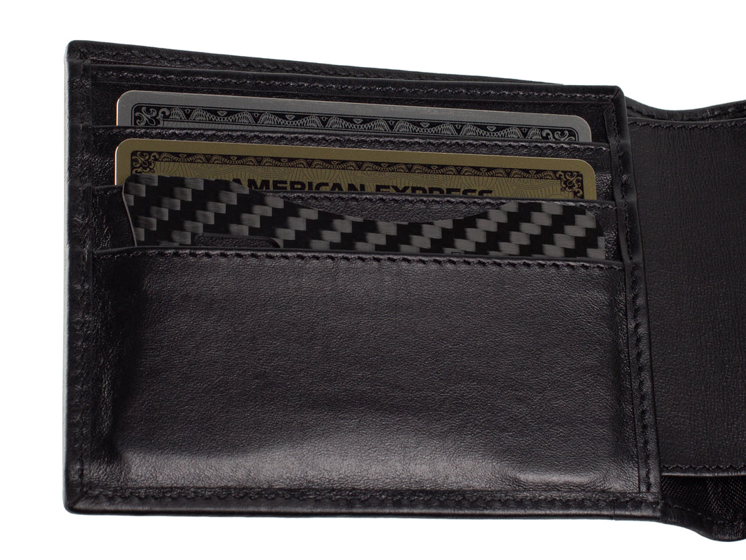 The CarbonFG Carbon Fiber Bottle Opener tucked into a wallet, illustrating its convenient size and compatibility with standard credit card slots.