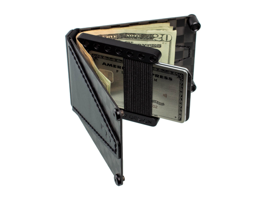 Open P17 Carbon Fiber BiFold Wallet revealing multiple card slots