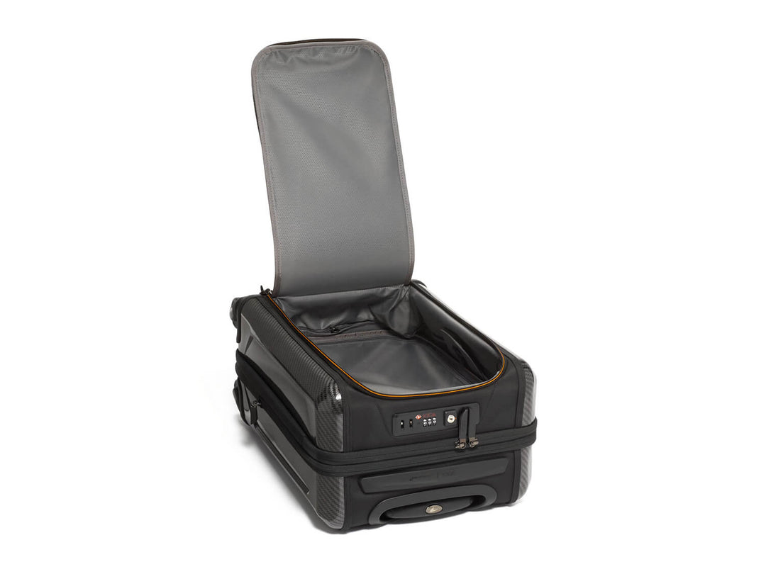 TUMI x McLaren Aero expandable 4 wheel carry-on suitcase, open#color_black-with-papaya