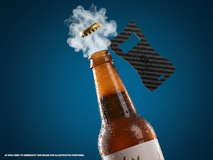 Carbon fiber credit card bottle opener in use, with a bottle cap flying off a beer bottle surrounded by mist.