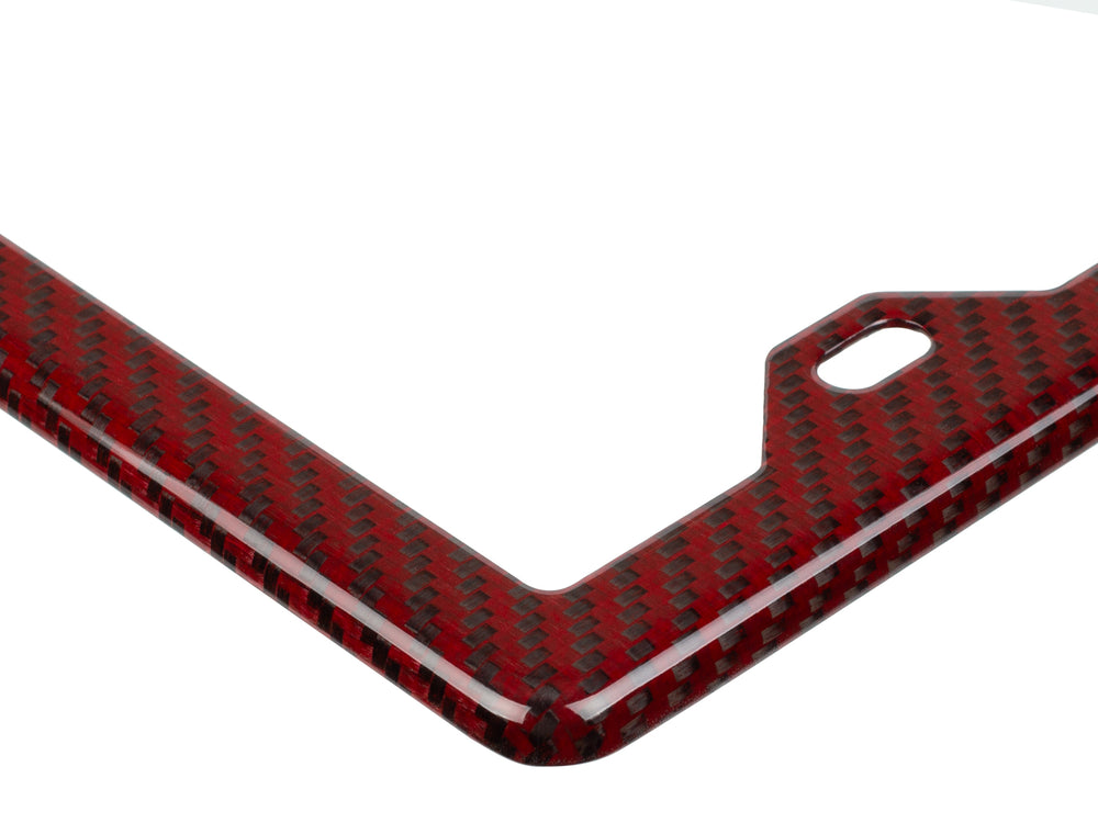 Red carbon fiber aramid fiber/kevlar license plate frame, up close