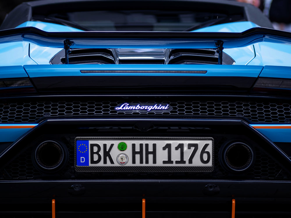 Euro carbon fiber license plate frame on a Lamborghini