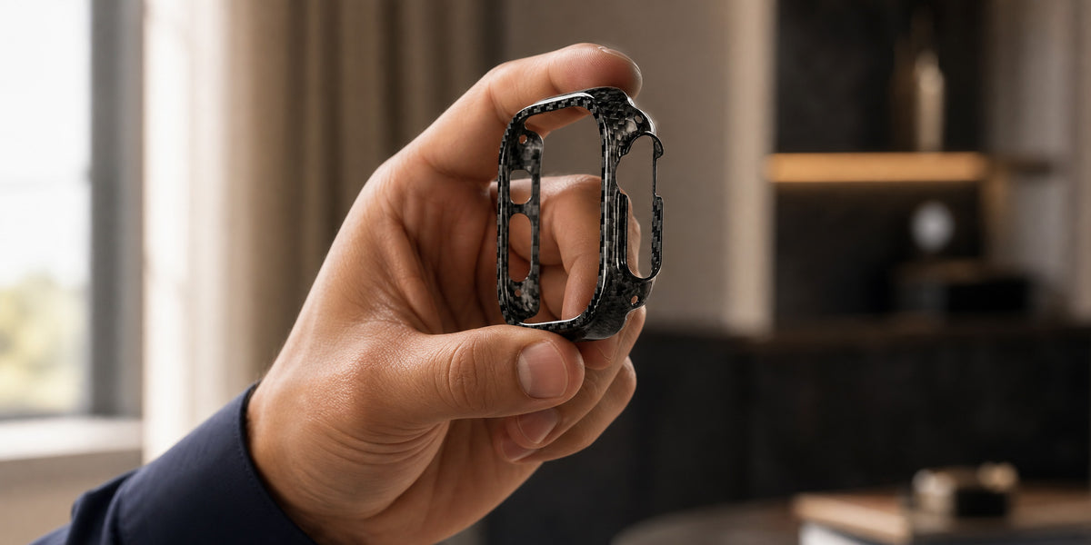CarbonFG CarboShield carbon fiber Apple Watch Ultra bumper case held up by hand, showing weave texture and open frame design