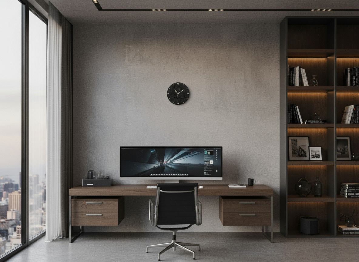 Modern office space with a desk, chair, and wall clock.