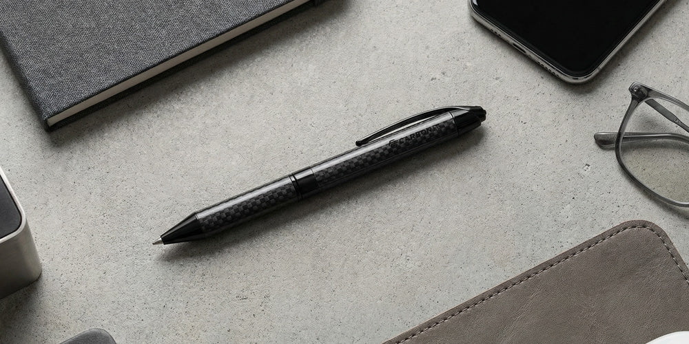 Black pen on a gray surface with a phone, glasses, and wallet in the background