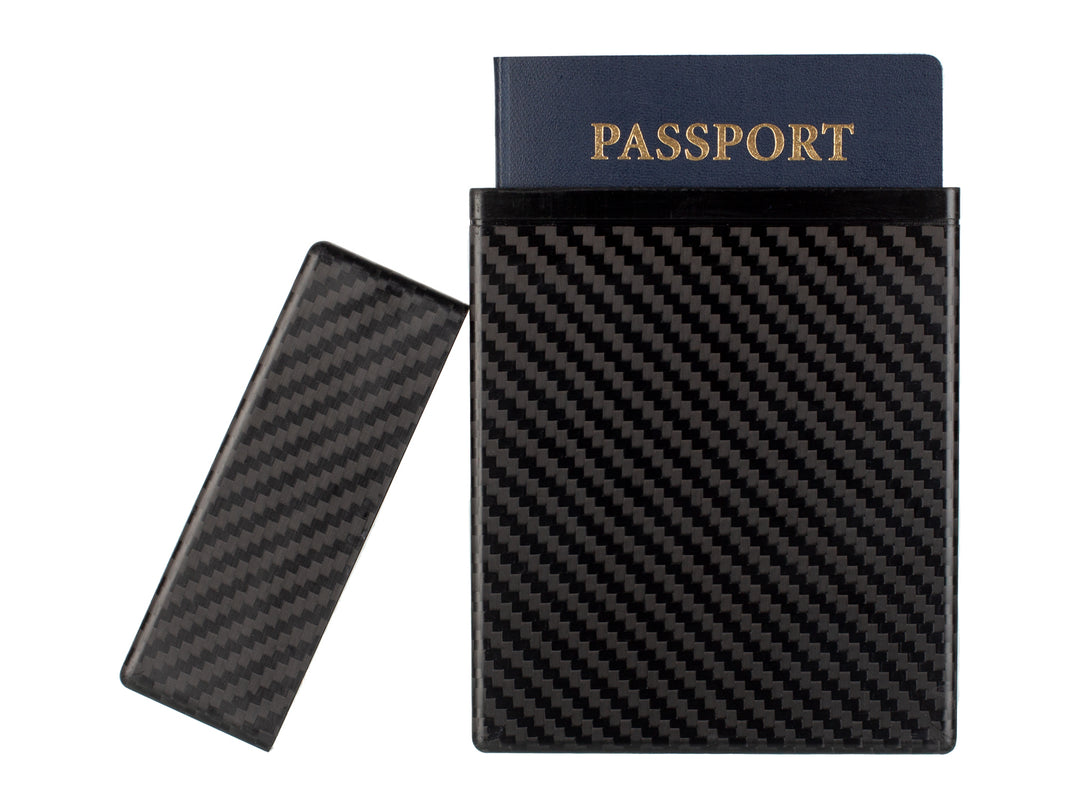 Carbon fiber passport case, open with a passport inside