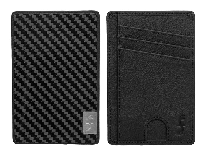 Back and front of Common Fibers black line LFT ultra slim carbon fiber and leather wallet