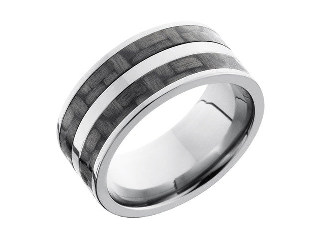 Carbon Fiber Ring and Wedding Band - 10mm Titanium Ring with 2 Strips of 3mm Real Carbon Fiber Inlay