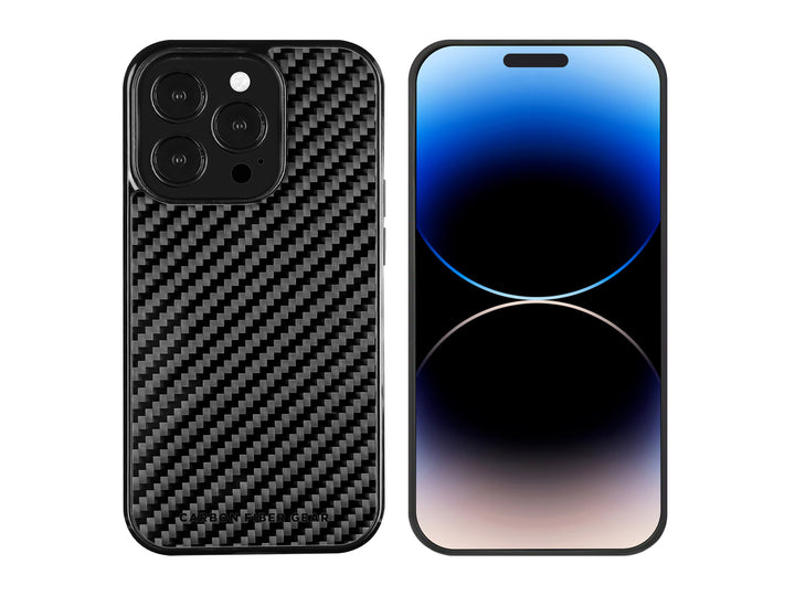 Carbon fiber case for iPhone 14 Pro, front and back with phone