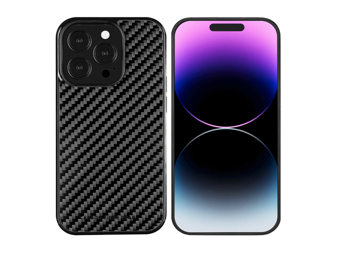Carbon fiber case for iPhone 14 Pro Max, front and back with phone