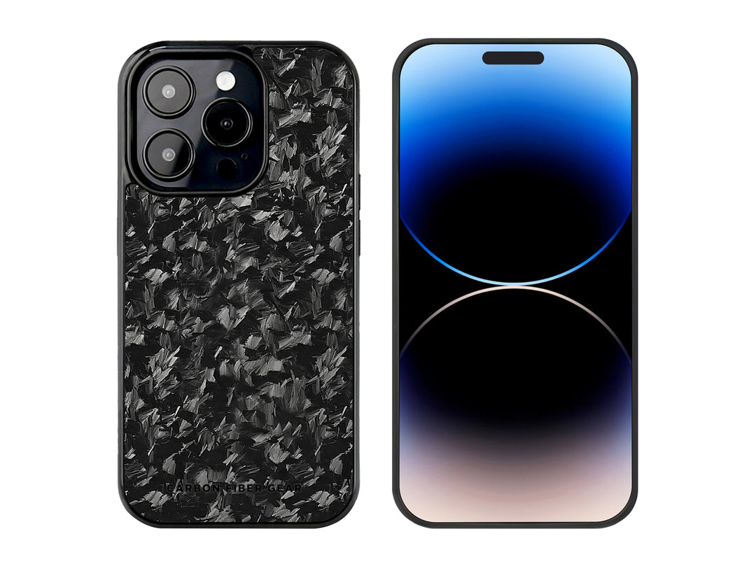 Forged carbon fiber case for iPhone 14 Pro, front and back with phone