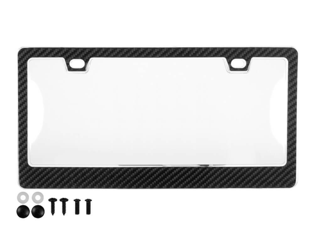 Glossy carbon fiber license plate frame with a clear cover and 2-hole design, displayed with hardware.