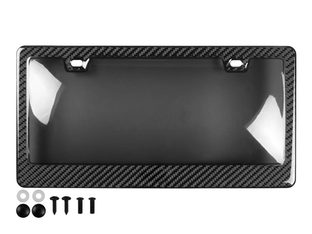 Glossy carbon fiber license plate frame with 2 holes and a smoked cover, including mounting hardware.