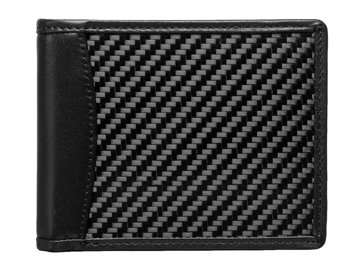 Carbon fiber and leather bi-fold wallet front