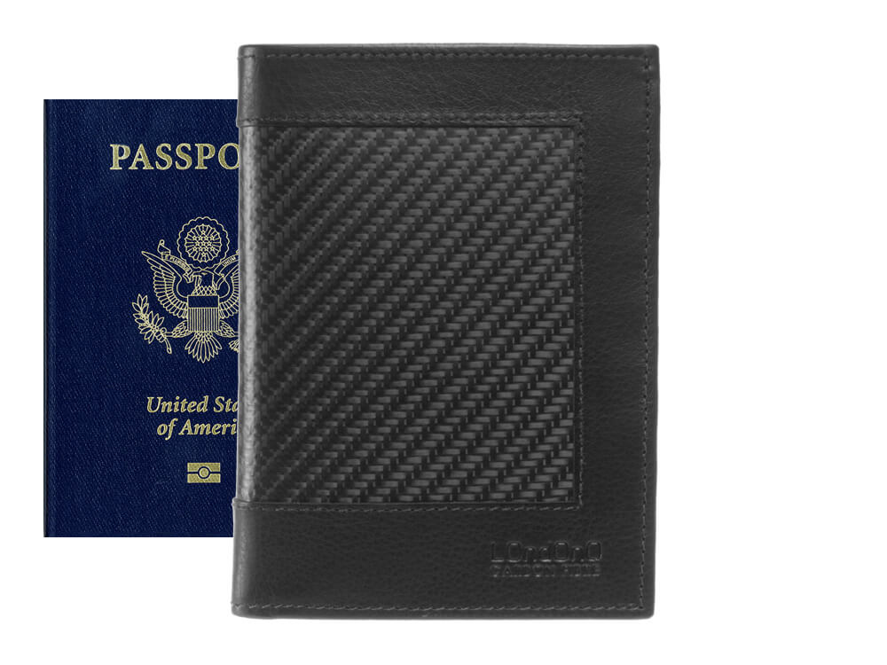 Londono carbon fiber and leather passport wallet, front