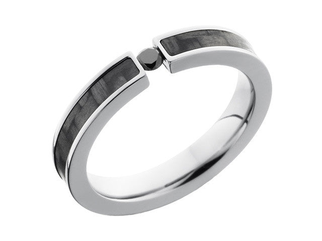 Carbon Fiber Ring and Wedding Band - 4mm Titanium Ring With Carbon Fiber Inlay and Tension Set Black Diamond