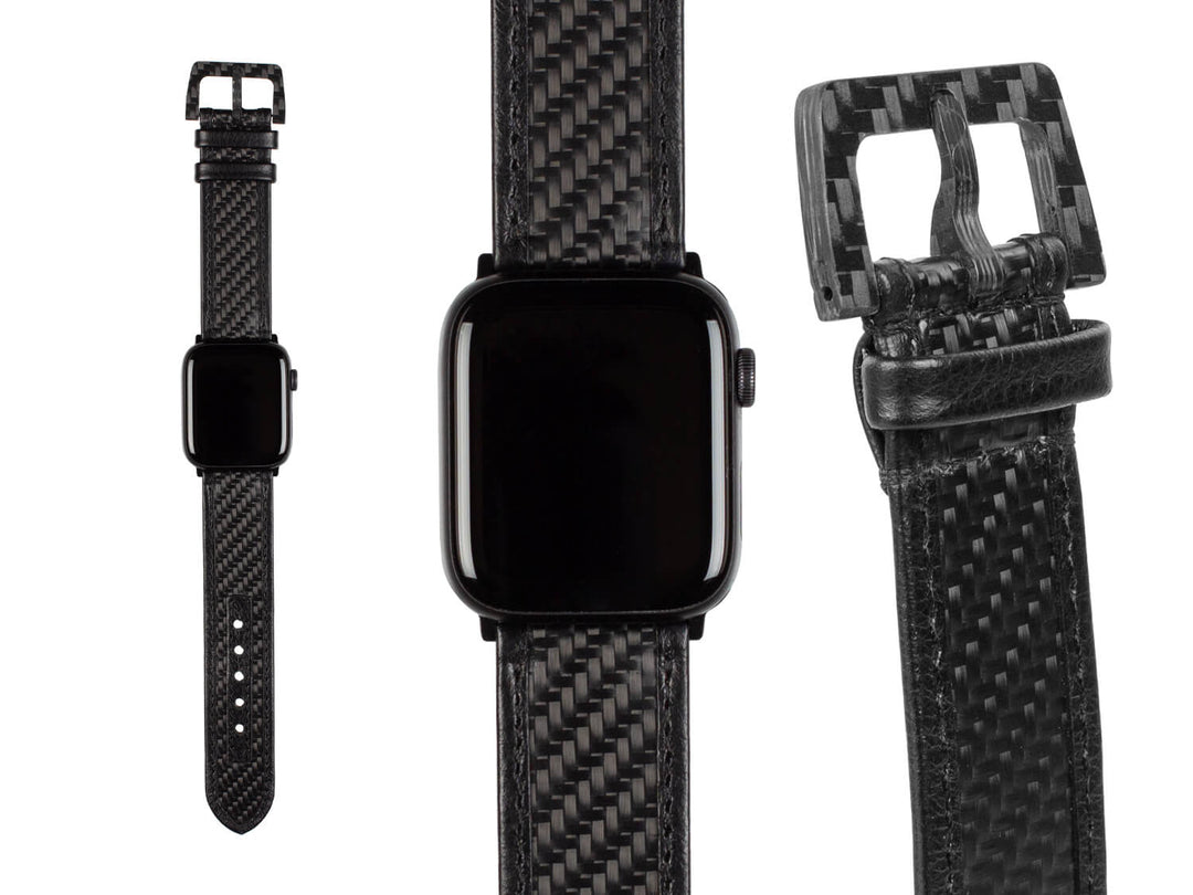 Apple Watch with a sleek black carbon fiber and leather strap on a plain background.