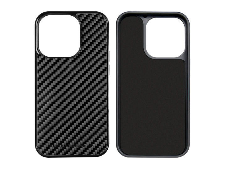 Carbon fiber case for iPhone 14 Pro, front and back without phone