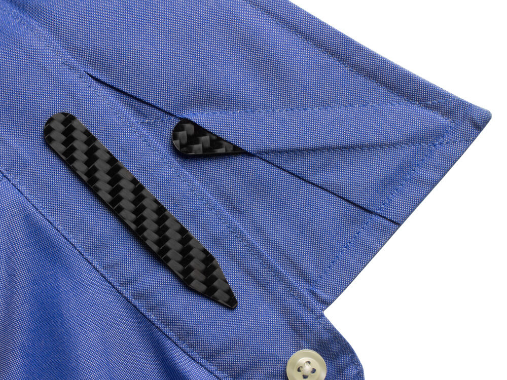 Carbon fiber collar stays installed in dress shirt