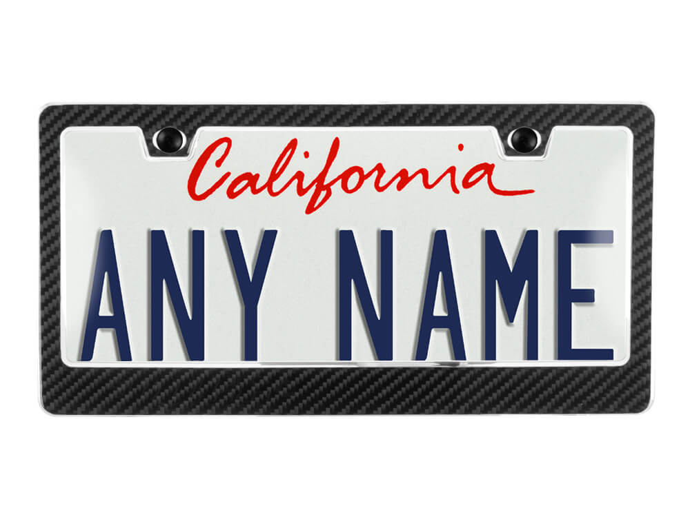 Customizable carbon fiber license plate frame with a clear cover showcasing 'California ANY NAME' text.