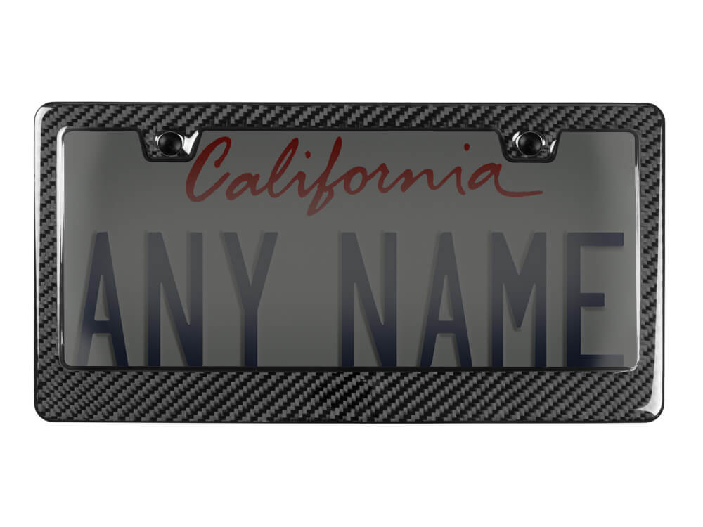 Carbon fiber license plate frame with personalized California license plate behind a smoked protective cover.