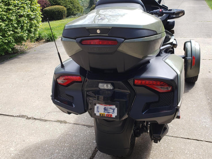 Carbon fiber motorcycle license plate frame on Can Am Spyder RT