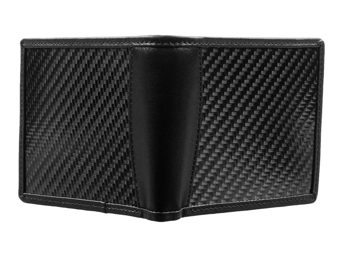 Carbon fiber and leather bi-fold wallet open