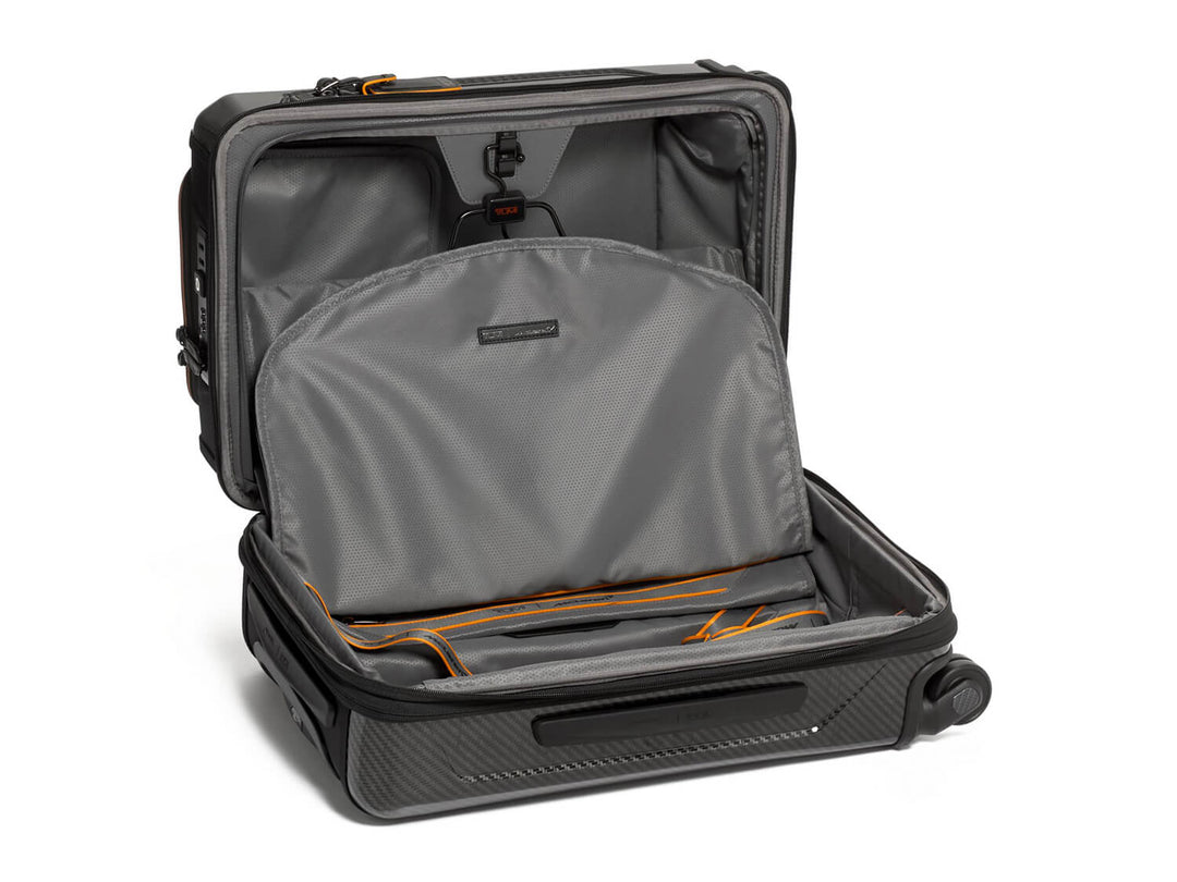 TUMI x McLaren Aero expandable 4 wheel carry-on suitcase, open#color_black-with-papaya
