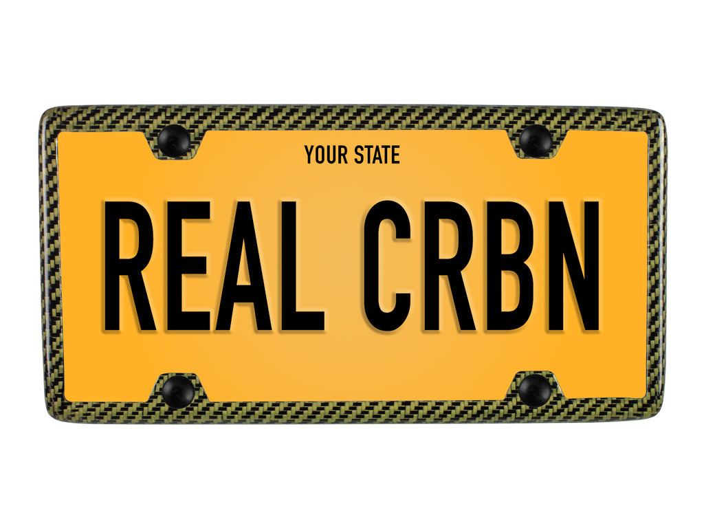 Yellow carbon fiber / aramid license plate frame with 4 holes and gloss finish