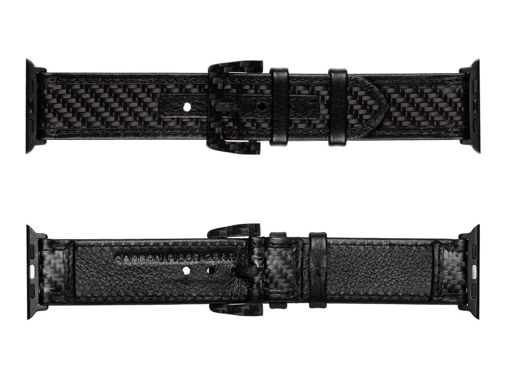 Top and bottom views of a black carbon fiber and leather Apple Watch band showcasing the solid carbon fiber buckle.