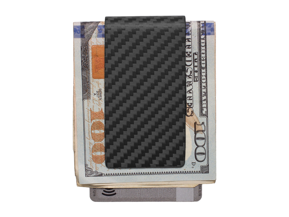 Carbon fiber money clip with a matte finish, holding cash and cards, back