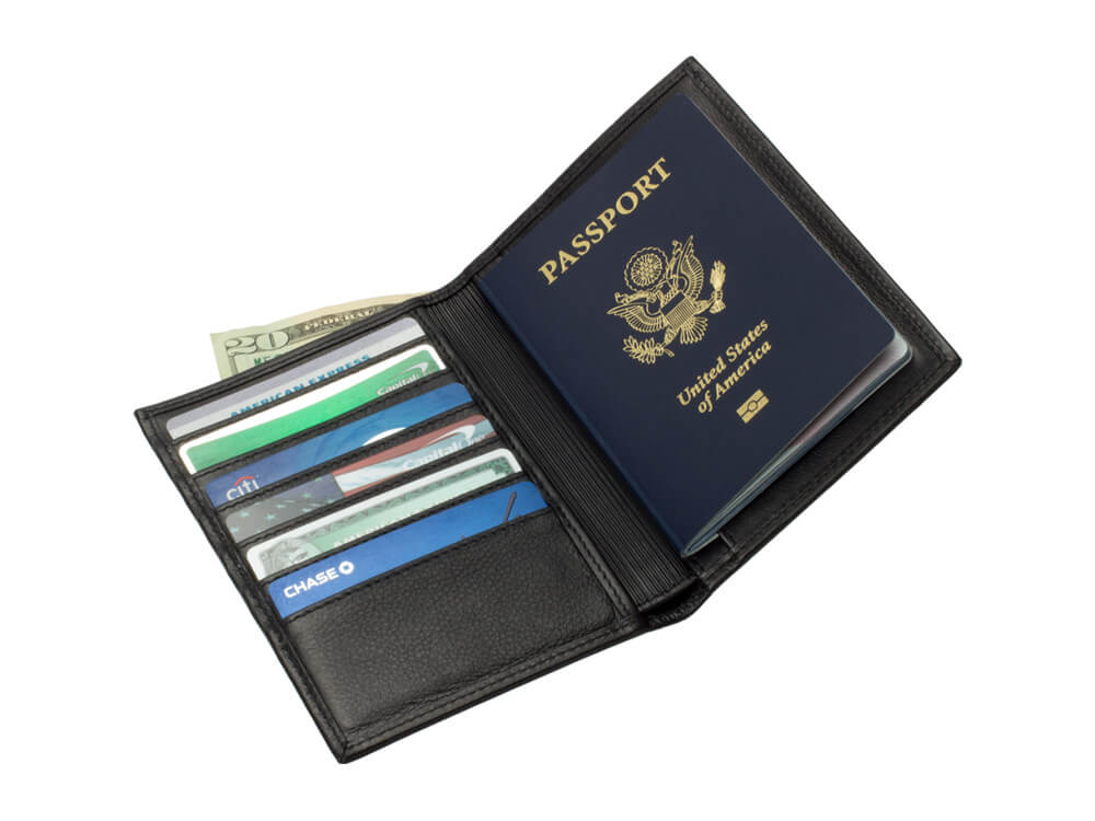 Londono carbon fiber and leather passport wallet, open