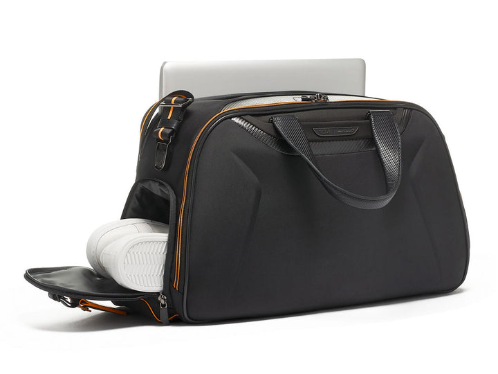 TUMI x McLaren Quantum carbon fiber duffel bag, open