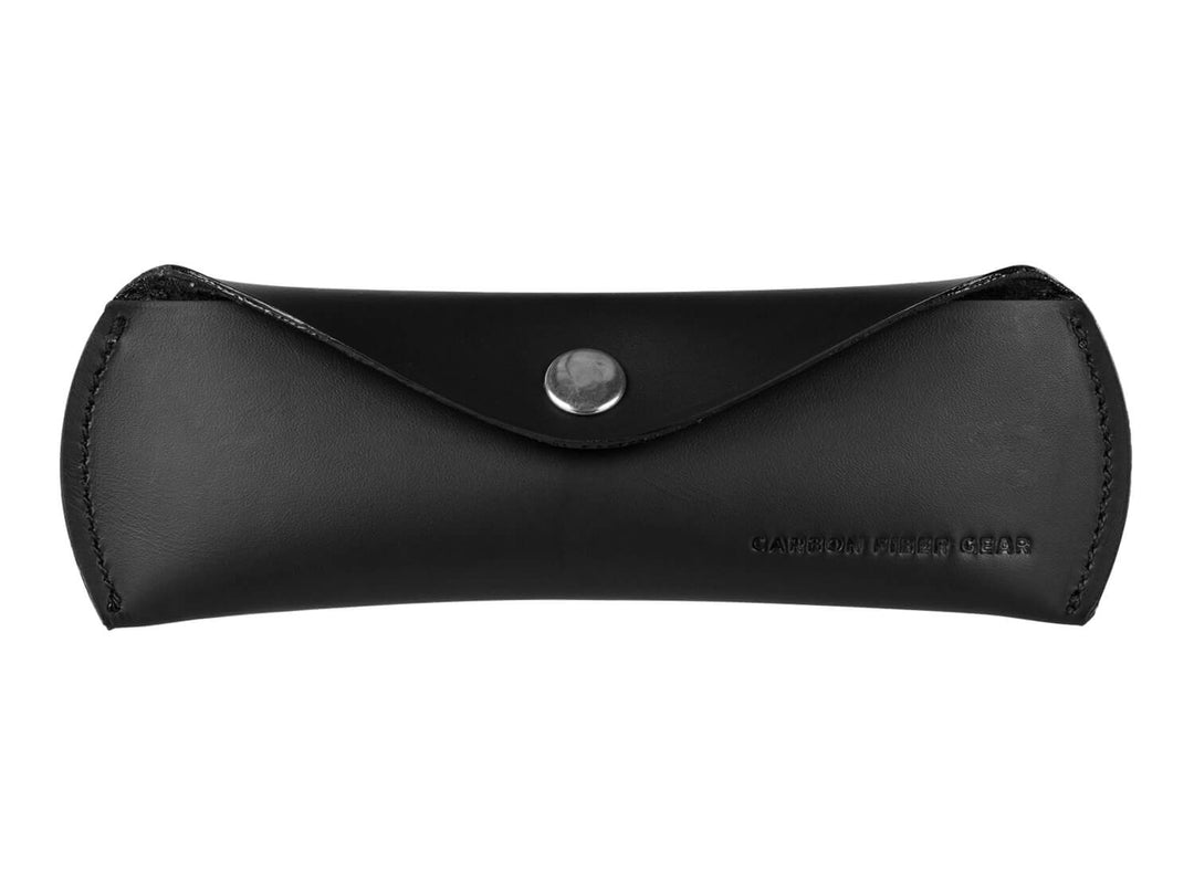 Black leather case for the CarboBand Apple Watch strap with logo detail.