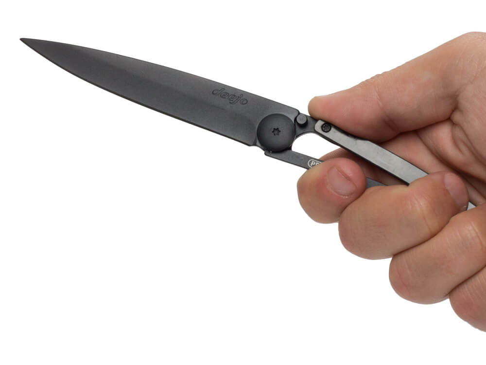 Deejo 37G Knife with Solid Carbon Fiber Handle in hand